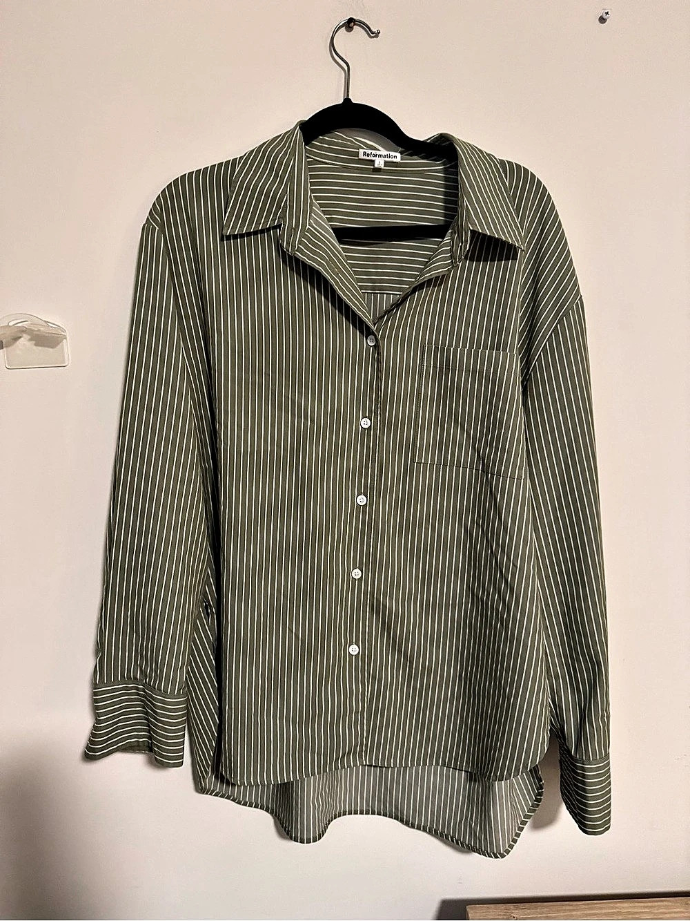 Reformation Striped Button Down in Green & White Large Like New